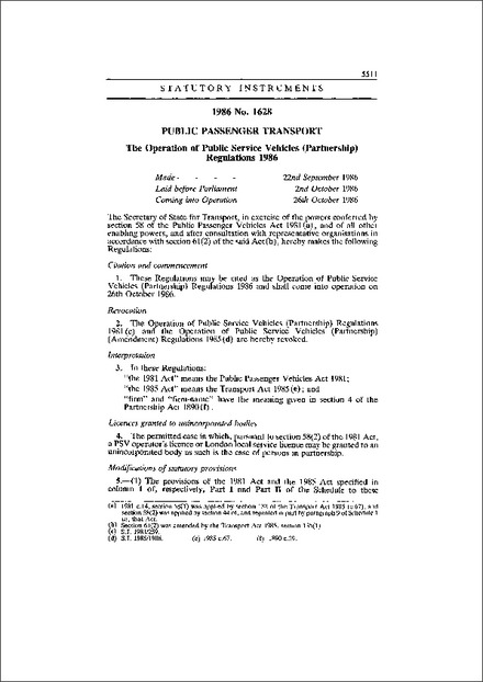 The Operation of Public Service Vehicles (Partnership) Regulations 1986