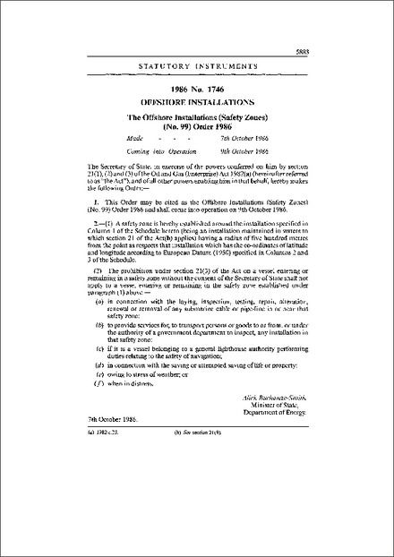 The Offshore Installations (Safety Zones) (No. 99) Order 1986