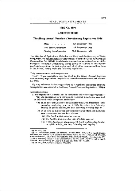 The Sheep Annual Premium (Amendment) Regulations 1986