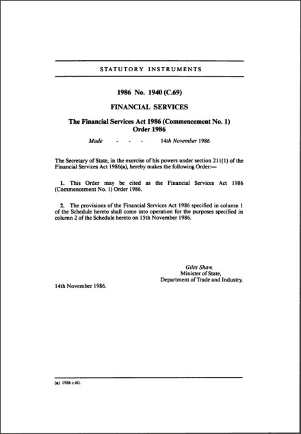 The Financial Services Act 1986 (Commencement No. 1) Order 1986
