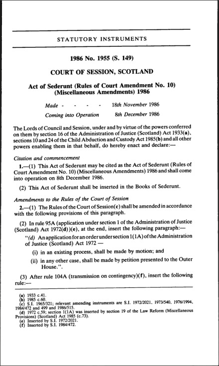 Act of Sederunt (Rules of Court Amendment No. 10) (Miscellaneous Amendments) 1986