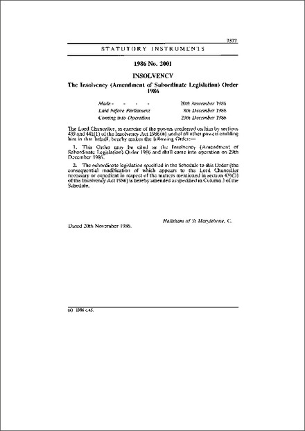 The Insolvency (Amendment of Subordinate Legislation) Order 1986