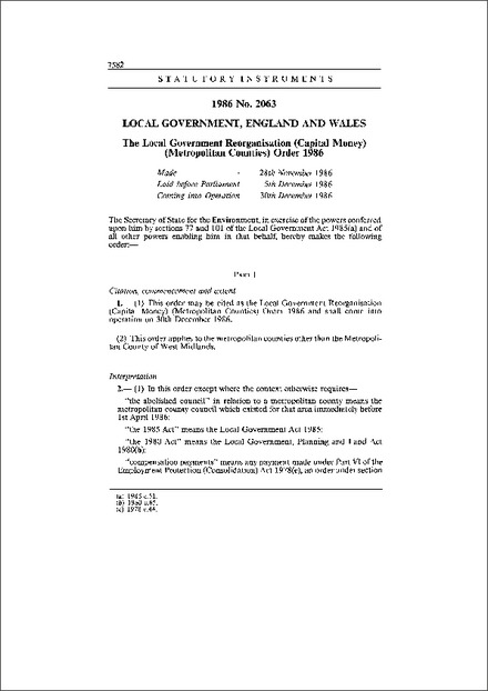 The Local Government Reorganisation (Capital Money) (Metropolitan Counties) Order 1986