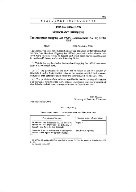 The Merchant Shipping Act 1970 (Commencment No. 10) Order 1986