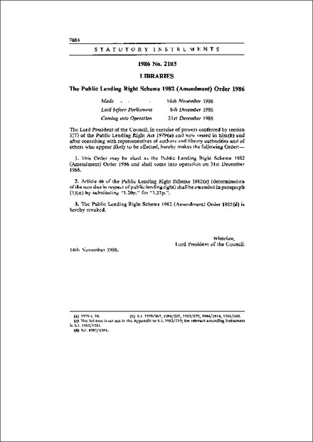 The Public Lending Right Scheme 1982 (Amendment) Order 1986