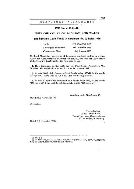 The Supreme Court Funds (Amendment No. 2) Rules 1986