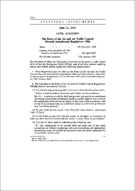 The Rules of the Air and Air Traffic Control (Second Amendment) Regulations 1986