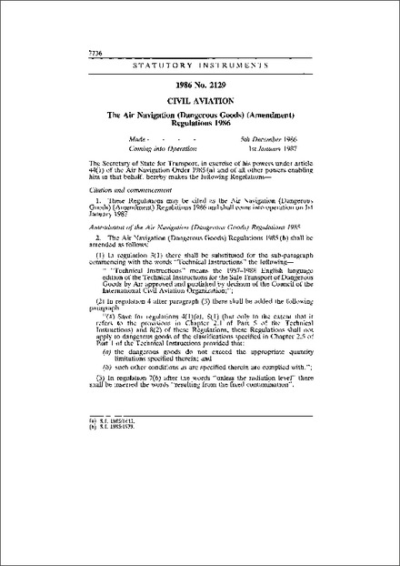 The Air Navigation (Dangerous Goods) (Amendment) Regulations 1986