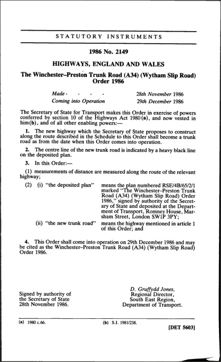 The Winchester—Preston Trunk Road (A34) (Wytham Slip Road) Order 1986