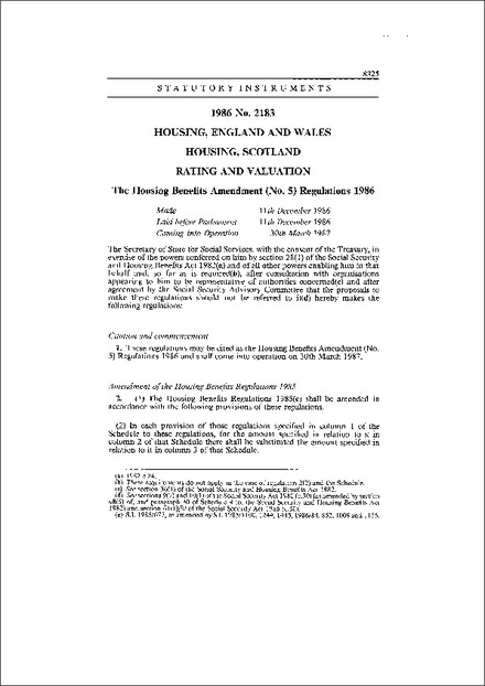 The Housing Benefits Amendment (No. 5) Regulations 1986