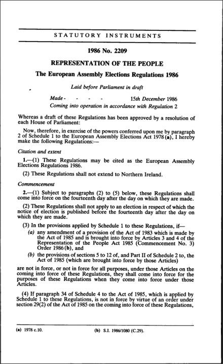 The European Assembly Elections Regulations 1986