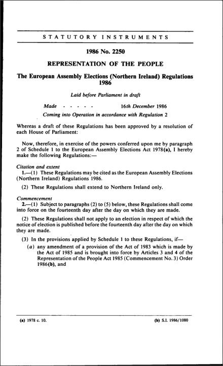 The European Assembly Elections (Northern Ireland) Regulations 1986