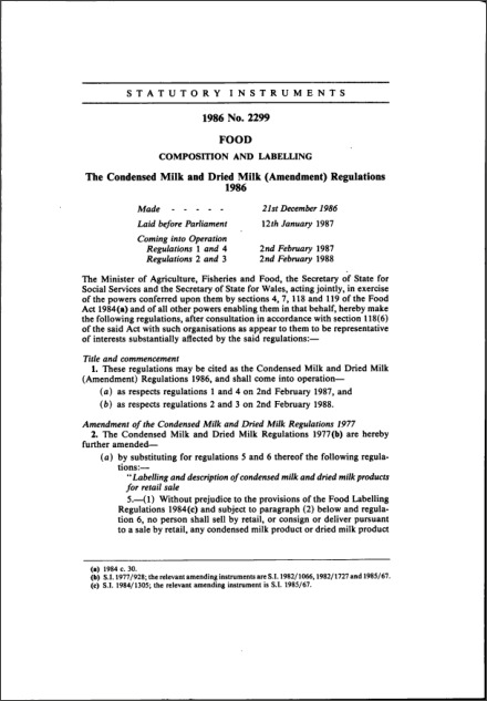 The Condensed Milk and Dried Milk (Amendment) Regulations 1986