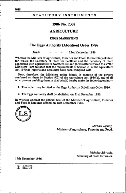 The Eggs Authority (Abolition) Order 1986