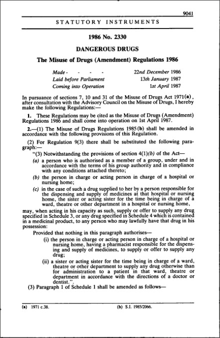 The Misuse of Drugs (Amendment) Regulations 1986