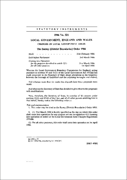 The Surrey (District Boundaries) Order 1986