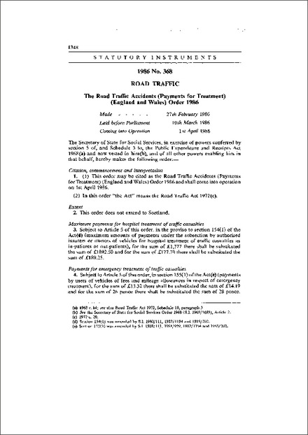 The Road Traffic Accidents (Payments for Treatment) (England and Wales) Order 1986