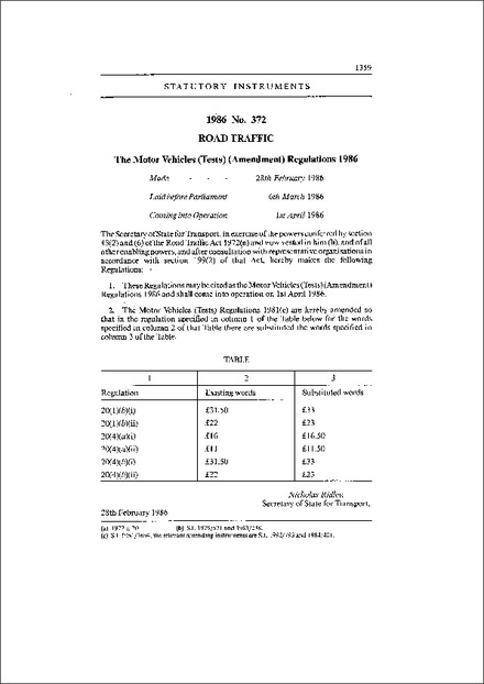 The Motor Vehicles (Tests) (Amendment) Regulations 1986