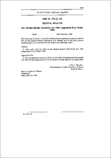 The Mental Health (Scotland) Act 1984 (Appointed Day) Order 1986