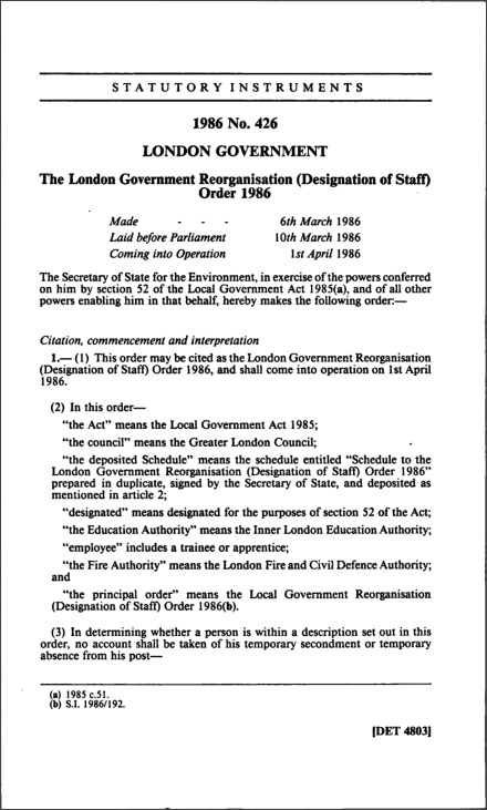 The London Government Reorganisation (Designation of Staff) Order 1986