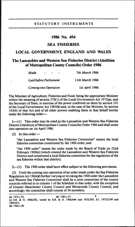 The Lancashire and Western Sea Fisheries District (Abolition of Metropolitan County Councils) Order 1986