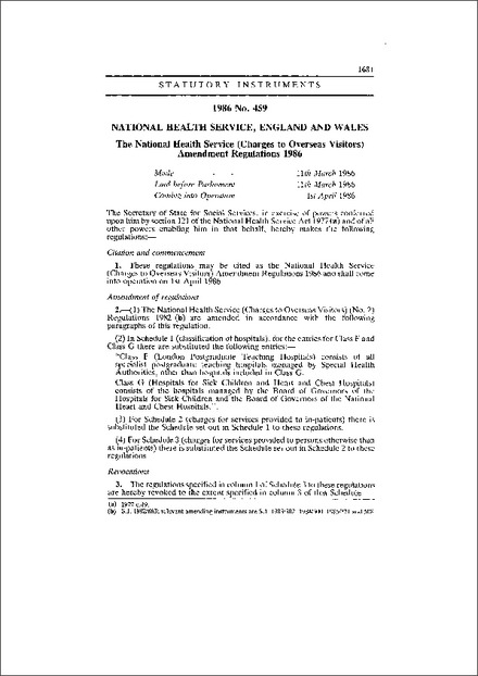 The National Health Service (Charges to Overseas Visitors) Amendment Regulations 1986