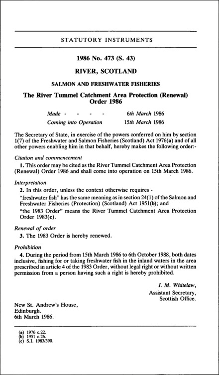 The River Tummel Catchment Area Protection (Renewal) Order 1986