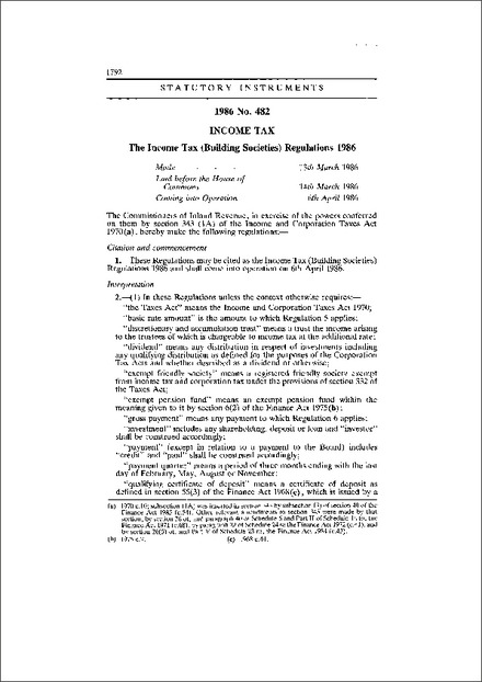 The Income Tax (Building Societies) Regulations 1986