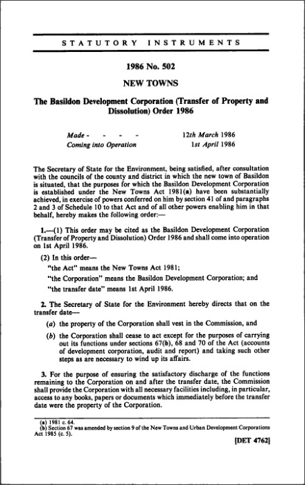 The Basildon Development Corporation (Transfer of Property and Dissolution) Order 1986