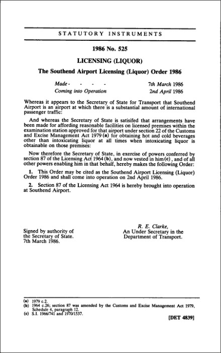The Southend Airport Licensing (Liquor) Order 1986