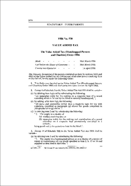 The Value Added Tax (Handicapped Persons and Charities) Order 1986