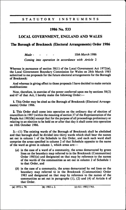 The Borough of Brecknock (Electoral Arrangements) Order 1986