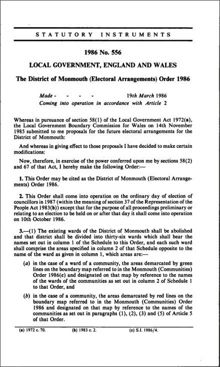 The District of Monmouth (Electoral Arrangements) Order 1986
