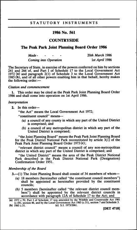 The Peak Park Joint Planning Board Order 1986