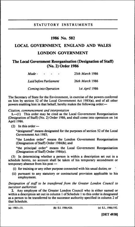 The Local Government Reorganisation (Designation of Staff) (No. 2) Order 1986
