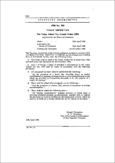 The Value Added Tax (Land) Order 1986