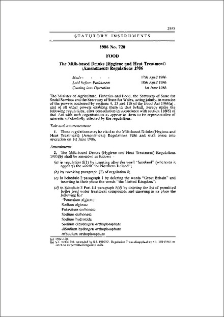 The Milk-based Drinks (Hygiene and Heat Treatment) (Amendment) Regulations 1986