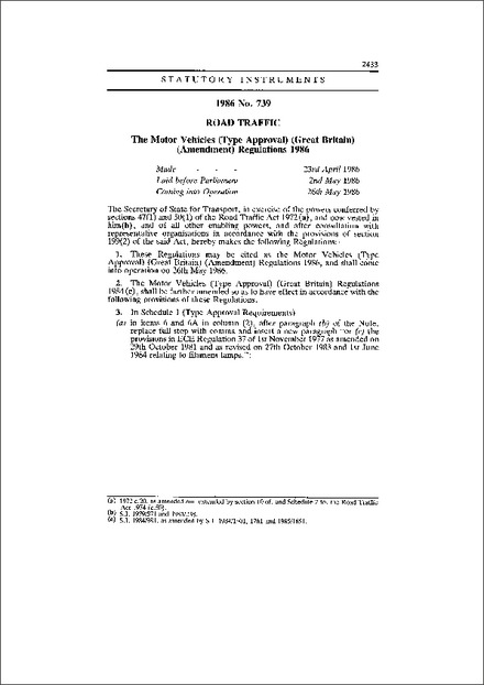 The Motor Vehicles (Type Approval) (Great Britain) (Amendment) Regulations 1986