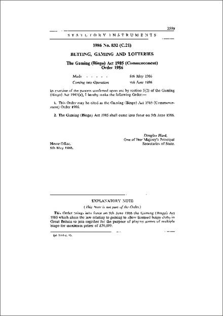 The Gaming (Bingo) Act 1985 (Commencement) Order 1986