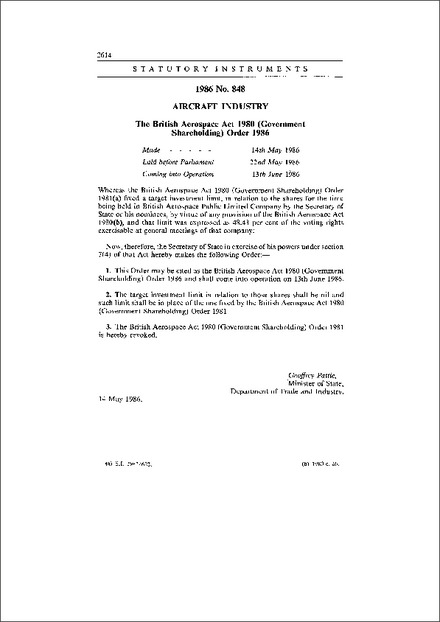 The British Aerospace Act 1980 (Government Shareholding) Order 1986