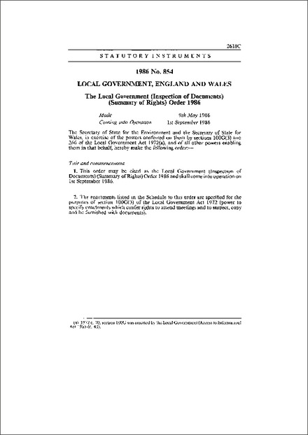 The Local Government (Inspection of Documents) (Summary of Rights) Order 1986
