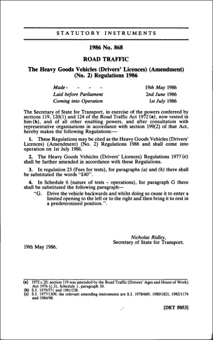 The Heavy Goods Vehicles (Drivers' Licences) (Amendment) (No. 2) Regulations 1986