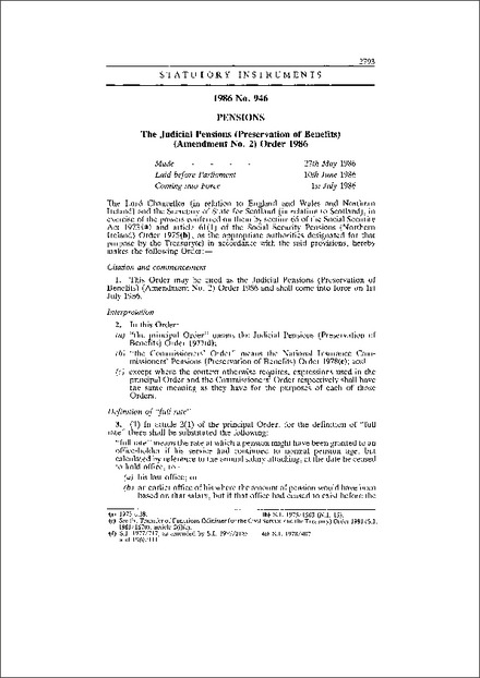The Judicial Pensions (Preservation of Benefits) (Amendment No. 2) Order 1986