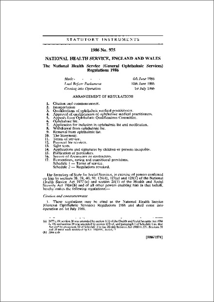 The National Health Service (General Ophthalmic Services) Regulations 1986