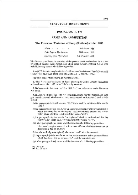 The Firearms (Variation of Fees) (Scotland) Order 1986