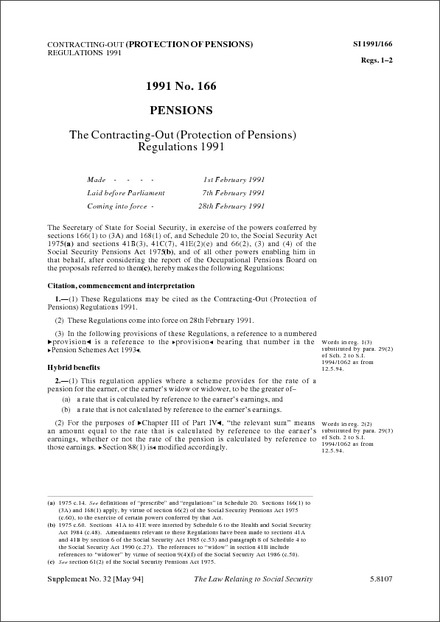 The Contracting-Out (Protection of Pensions) Regulations 1991