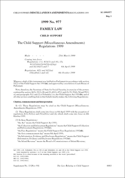 The Child Support (Miscellaneous Amendments) Regulations 1999