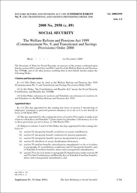 The Welfare Reform and Pensions Act 1999 (Commencement No. 9, and Transitional and Savings Provisions) Order 2000