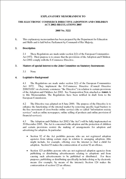 The Electronic Commerce Directive (Adoption and Children Act 2002)  Regulations 2005 - Explanatory Memorandum