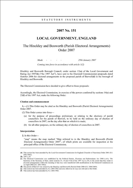 The Hinckley and Bosworth (Parish Electoral Arrangements) Order 2007